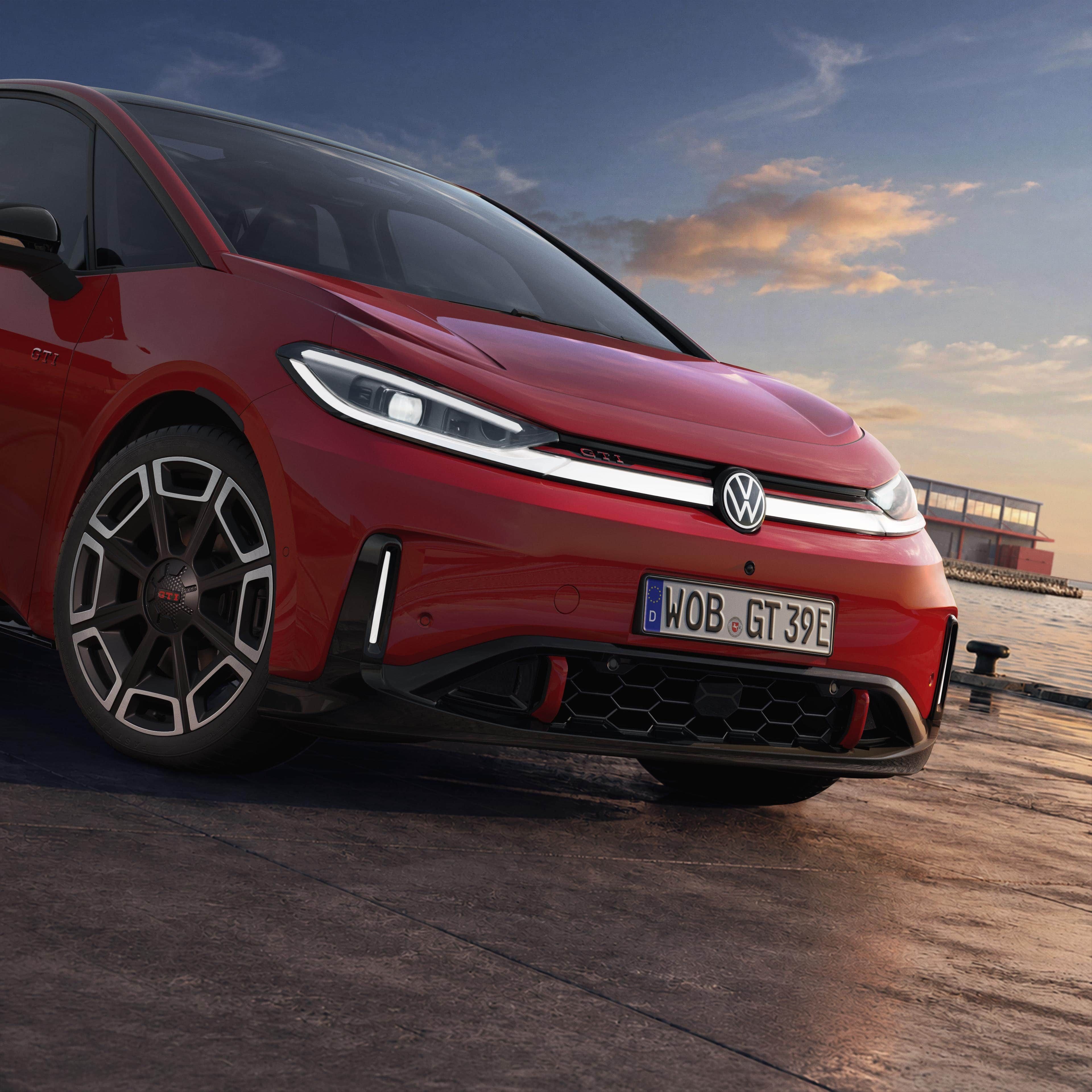 [AI-modified] – Grande plano da parte dianteira de um VW ID.3 GTI estacionado, com os faróis e o logótipo acesos.
