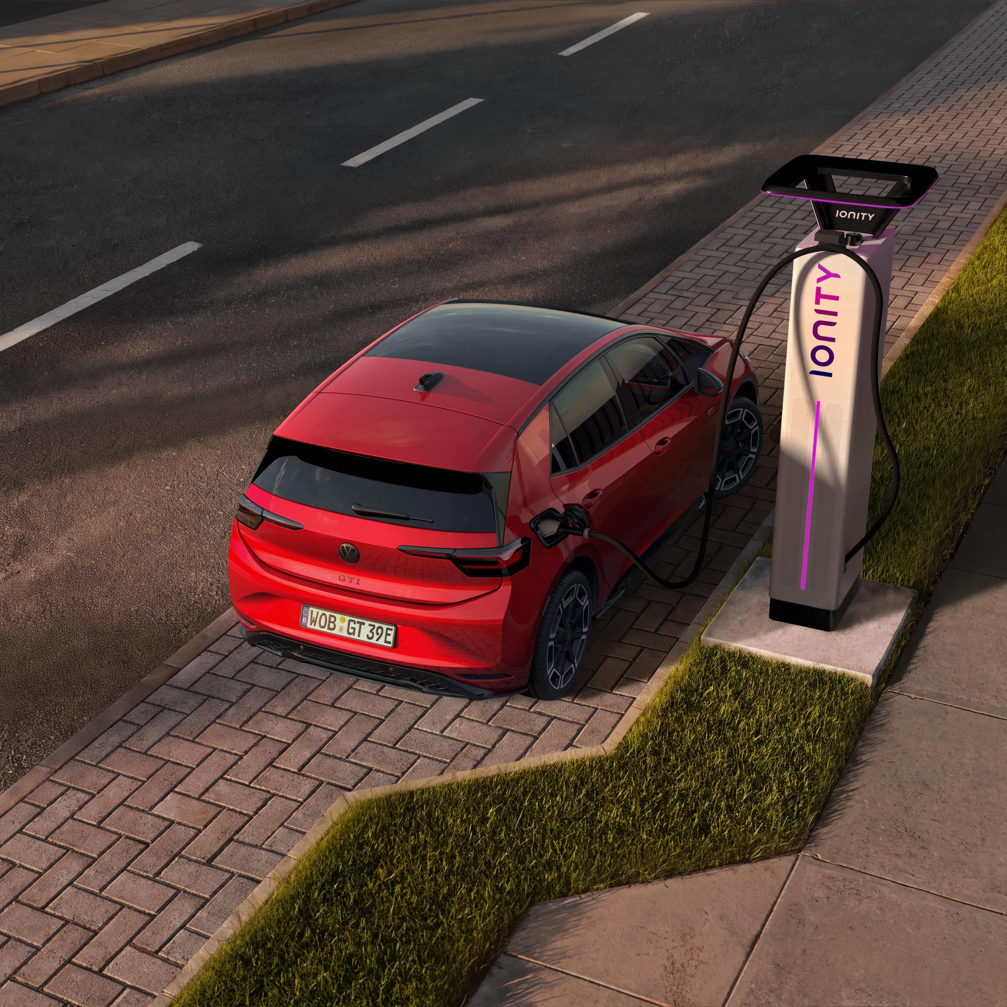 [AI-modified] – Vista lateral de um VW ID.3 GTI estacionado e a carregar numa estação de carregamento rápido da IONITY.