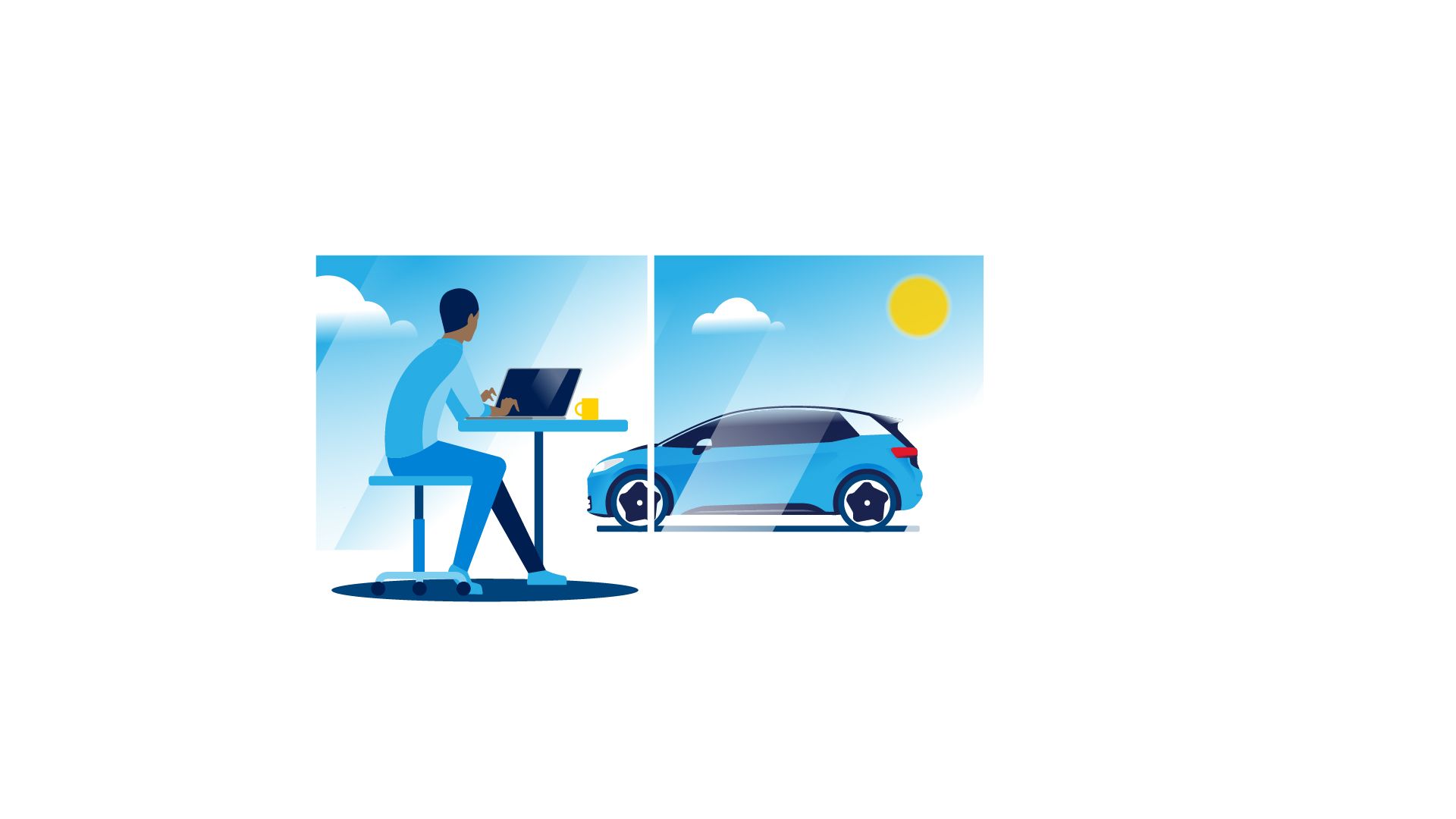 Um homem trabalha enquanto vê o seu Volkswagen ID.3 da janela.
