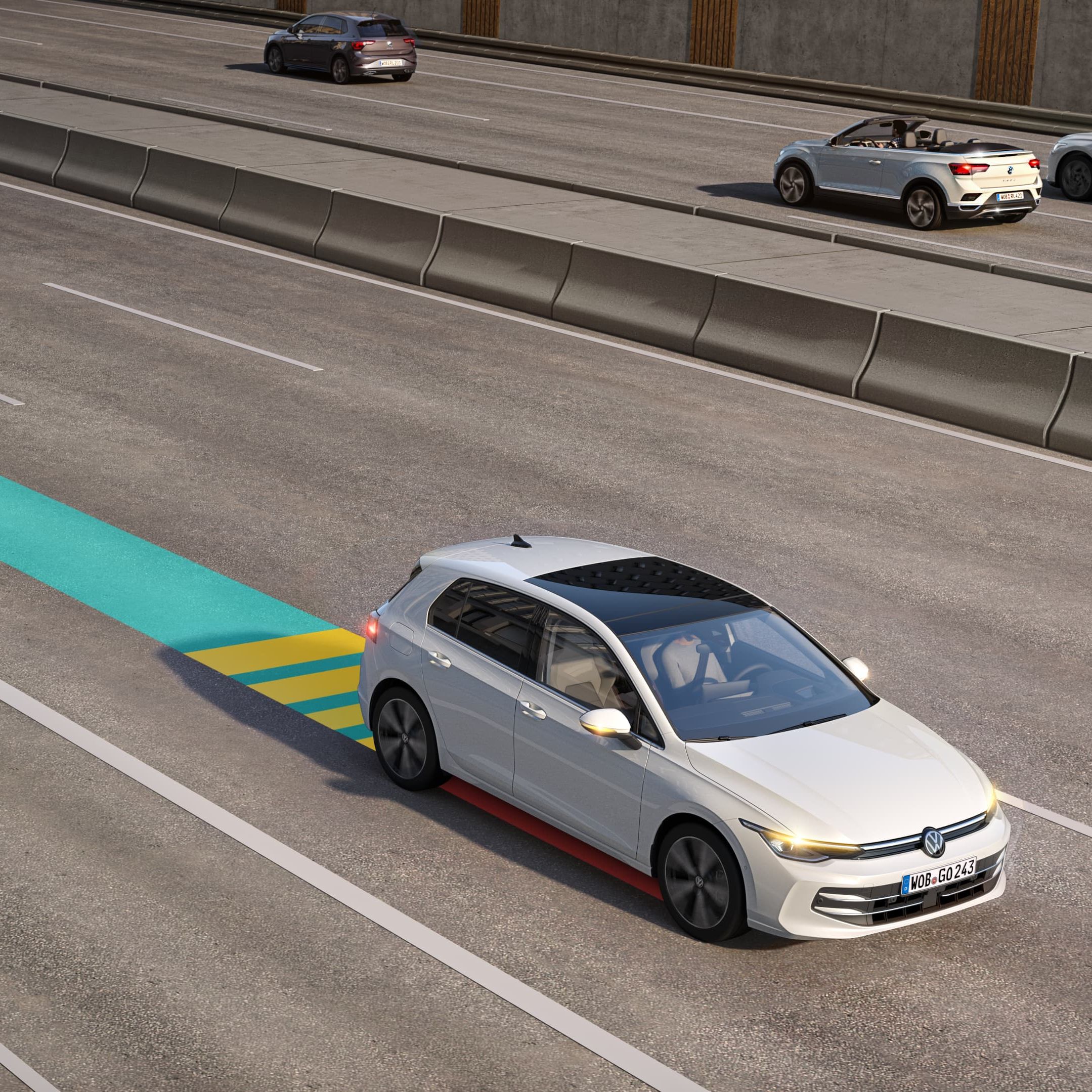 Um VW Golf branco circula no trânsito, utilizando o Emergency Assist, representado esquematicamente na imagem.