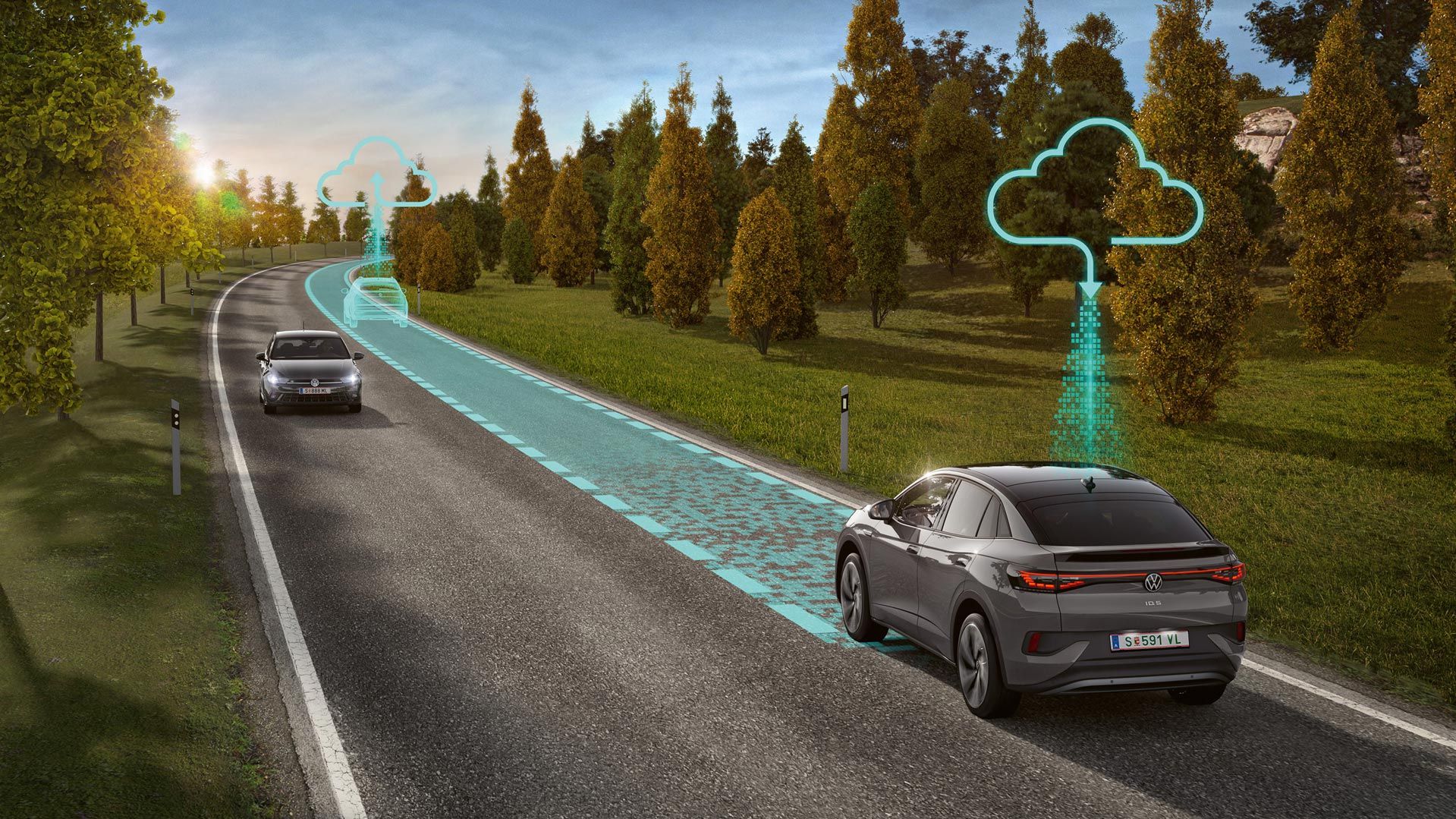 A ilustração usa um VW ID.5 para mostrar esquematicamente como funciona o Connected Travel Assist com dados massivos de localização. 