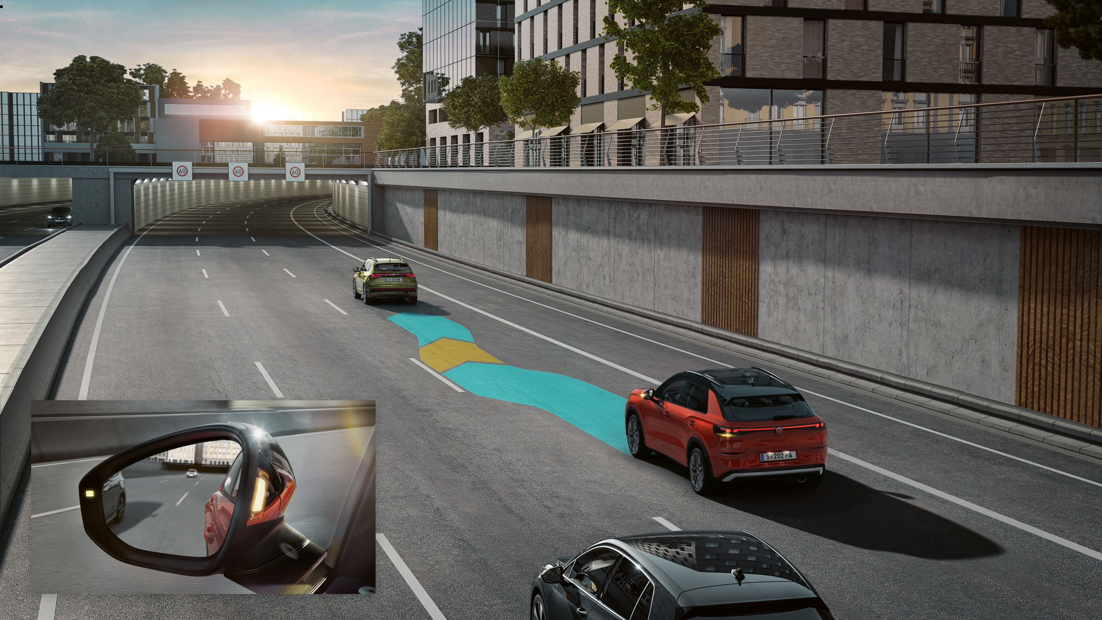 A ilustração mostra, de forma esquemática, através de um VW T-Roc, o funcionamento do Side Assist.