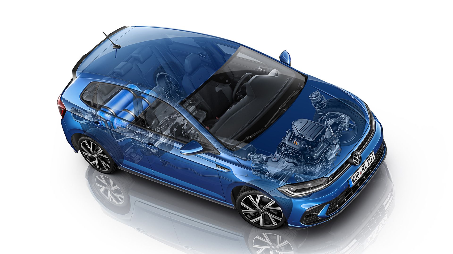 Gráfico de um VW Polo TGI mostrando onde estão instalados os depósitos de gás natural.