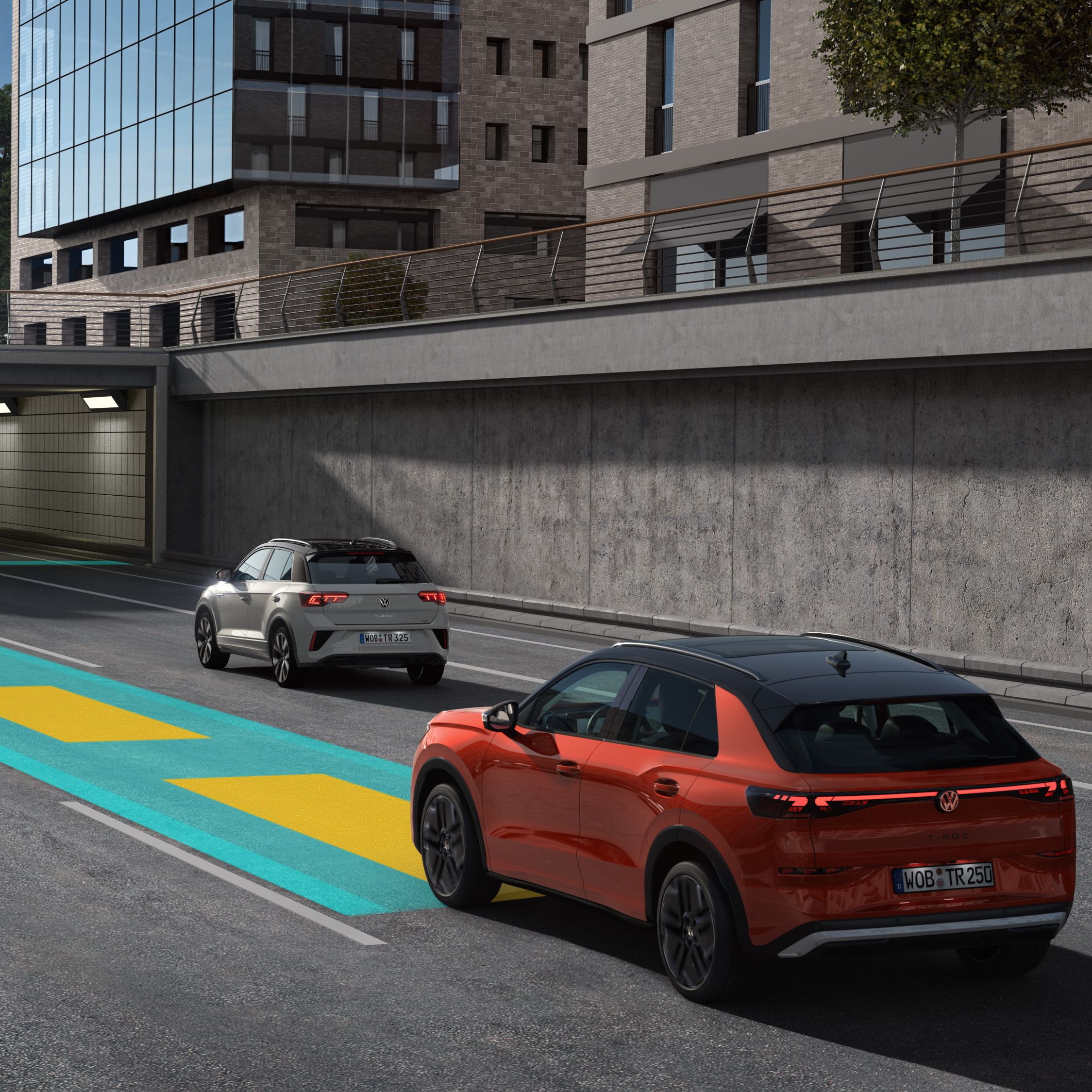 A ilustração mostra, de forma esquemática, através de um VW T-Roc, o funcionamento do Travel Assist.