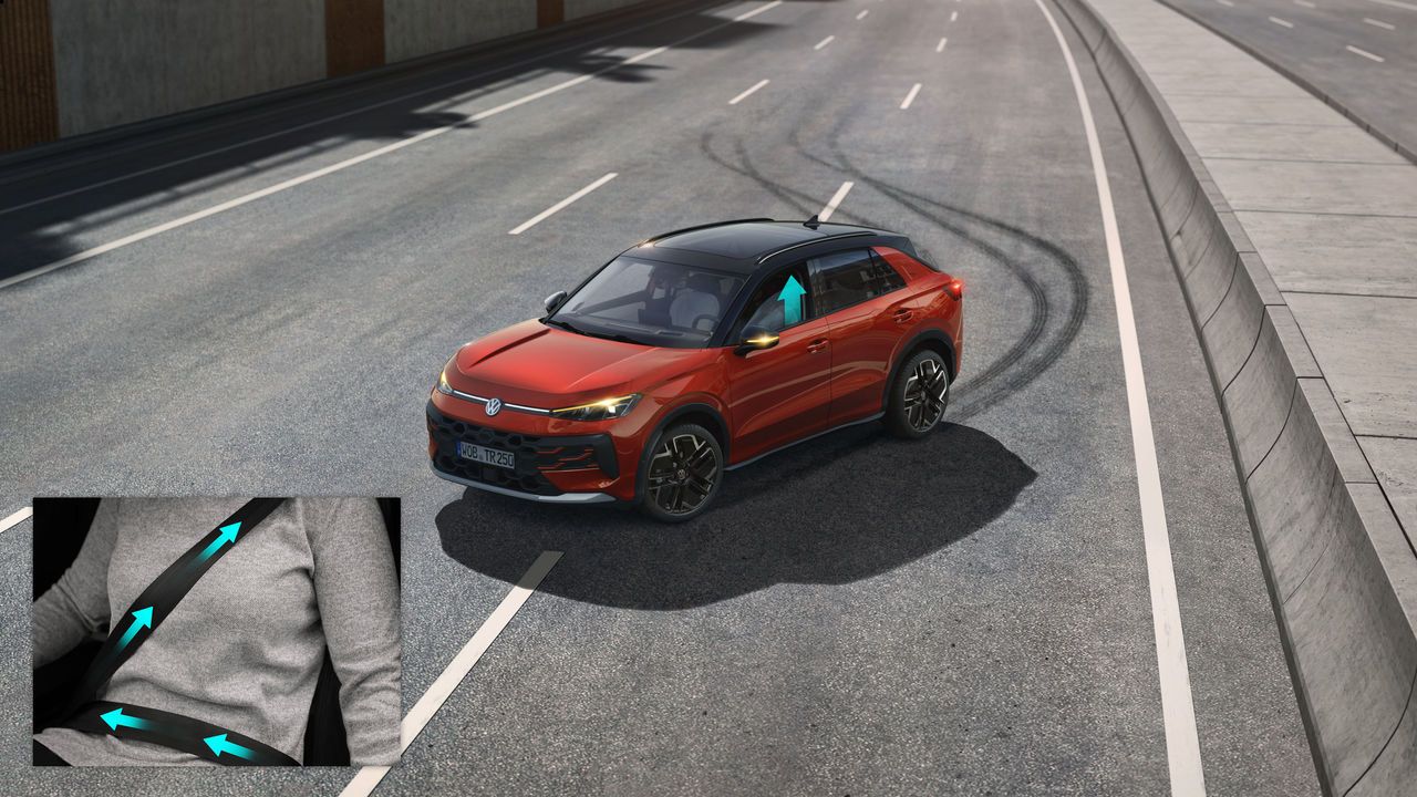 A ilustração mostra, de forma esquemática, através de um VW T-Roc, o funcionamento do sistema proativo de proteção dos ocupantes.