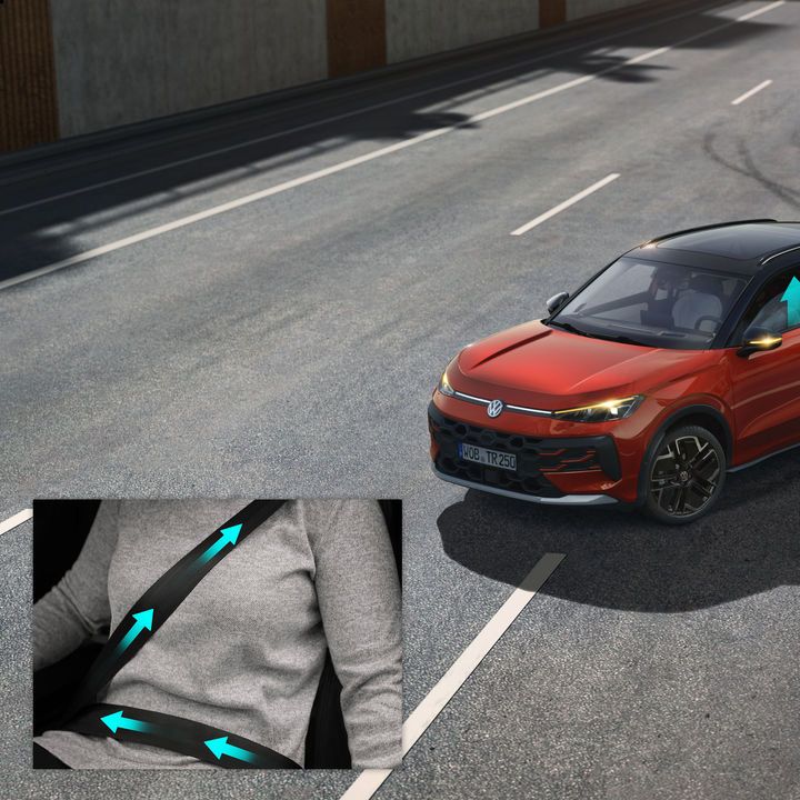 A ilustração mostra, de forma esquemática, através de um VW T-Roc, o funcionamento do sistema proativo de proteção dos ocupantes.
