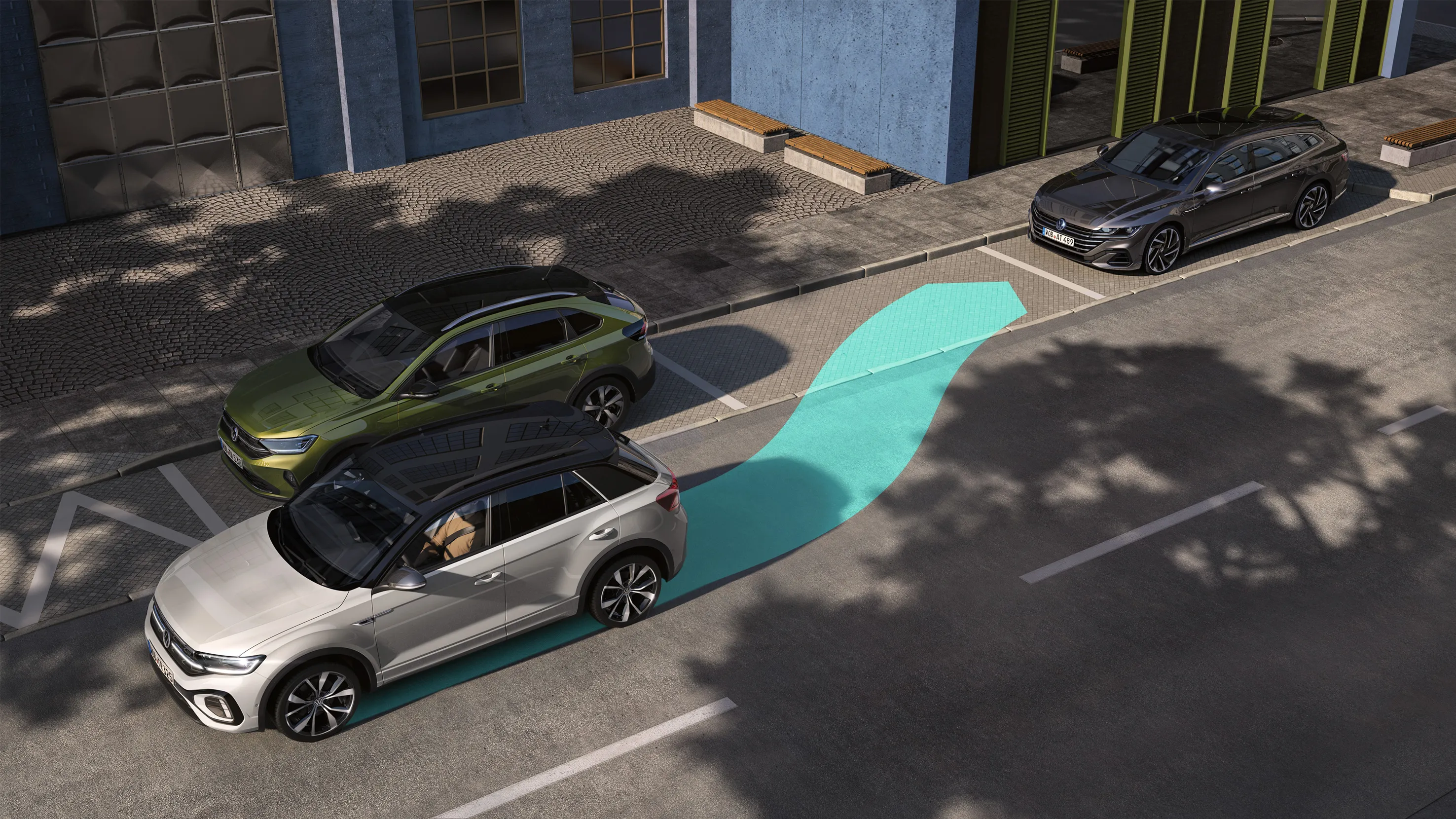 O gráfico mostra como funciona o Park Assist no T-Roc.