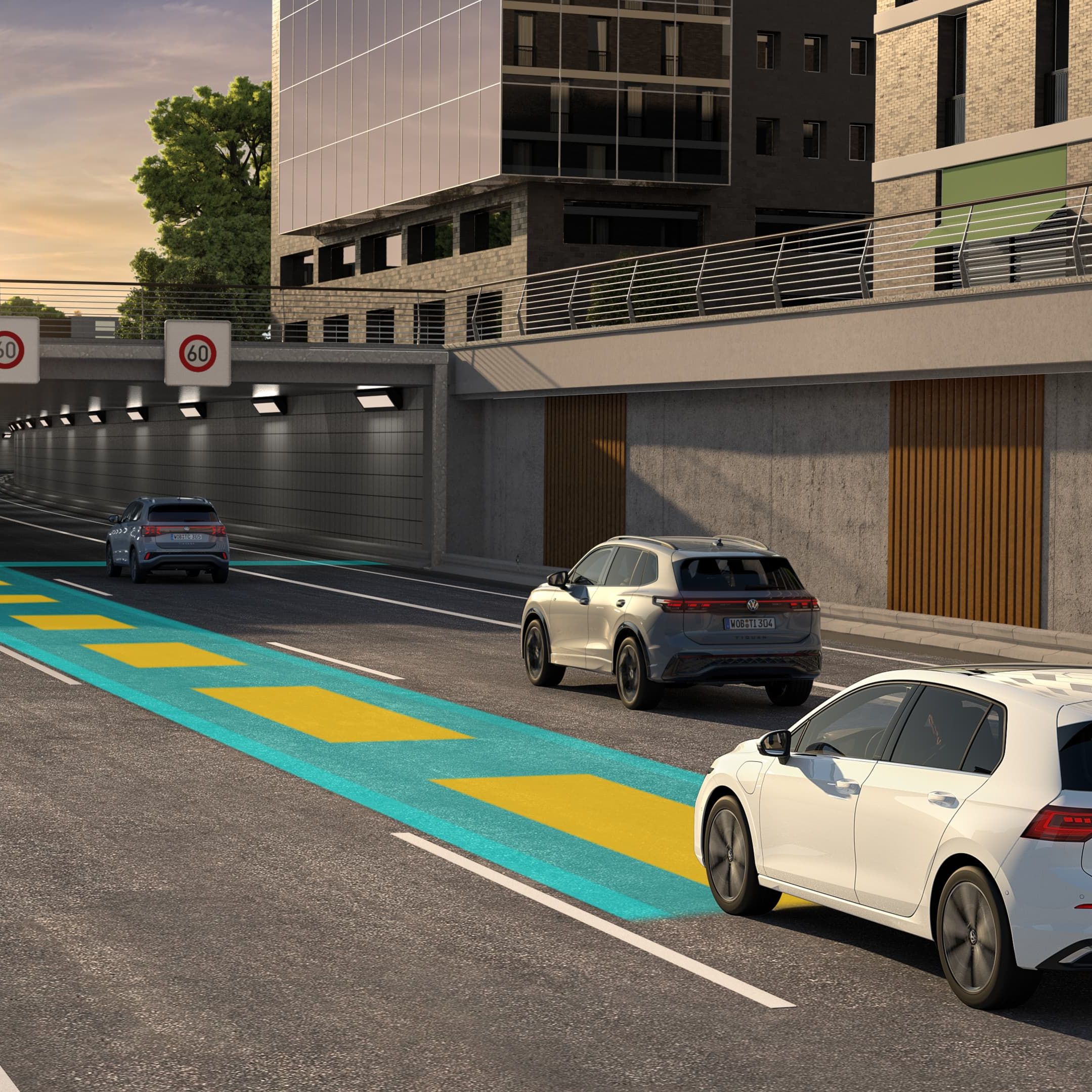 Um VW Golf branco circula no trânsito, utilizando o Travel Assist opcional, representado esquematicamente na imagem.