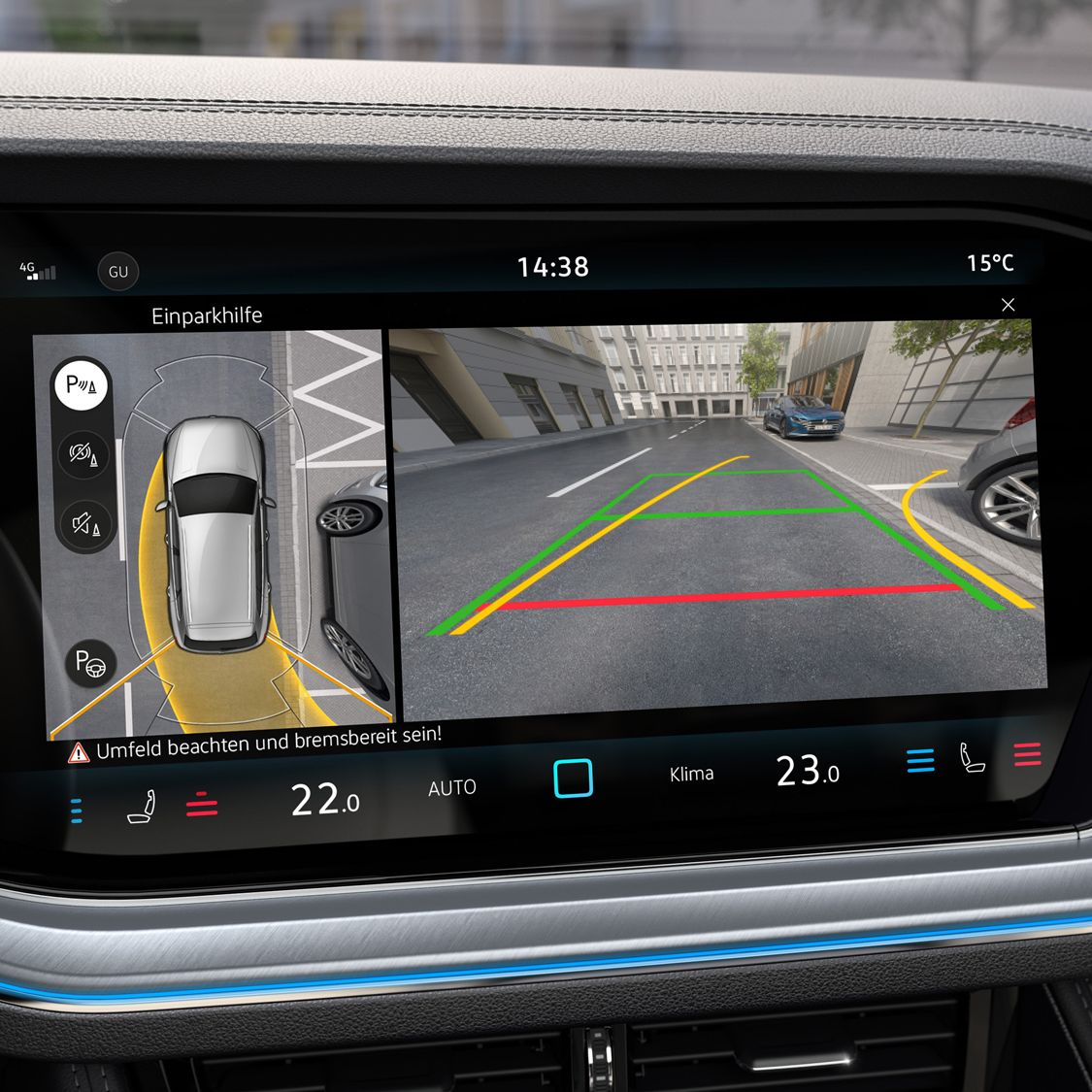 Indicação da vista periférica Area View opcional no visor digital do VW Touareg. 