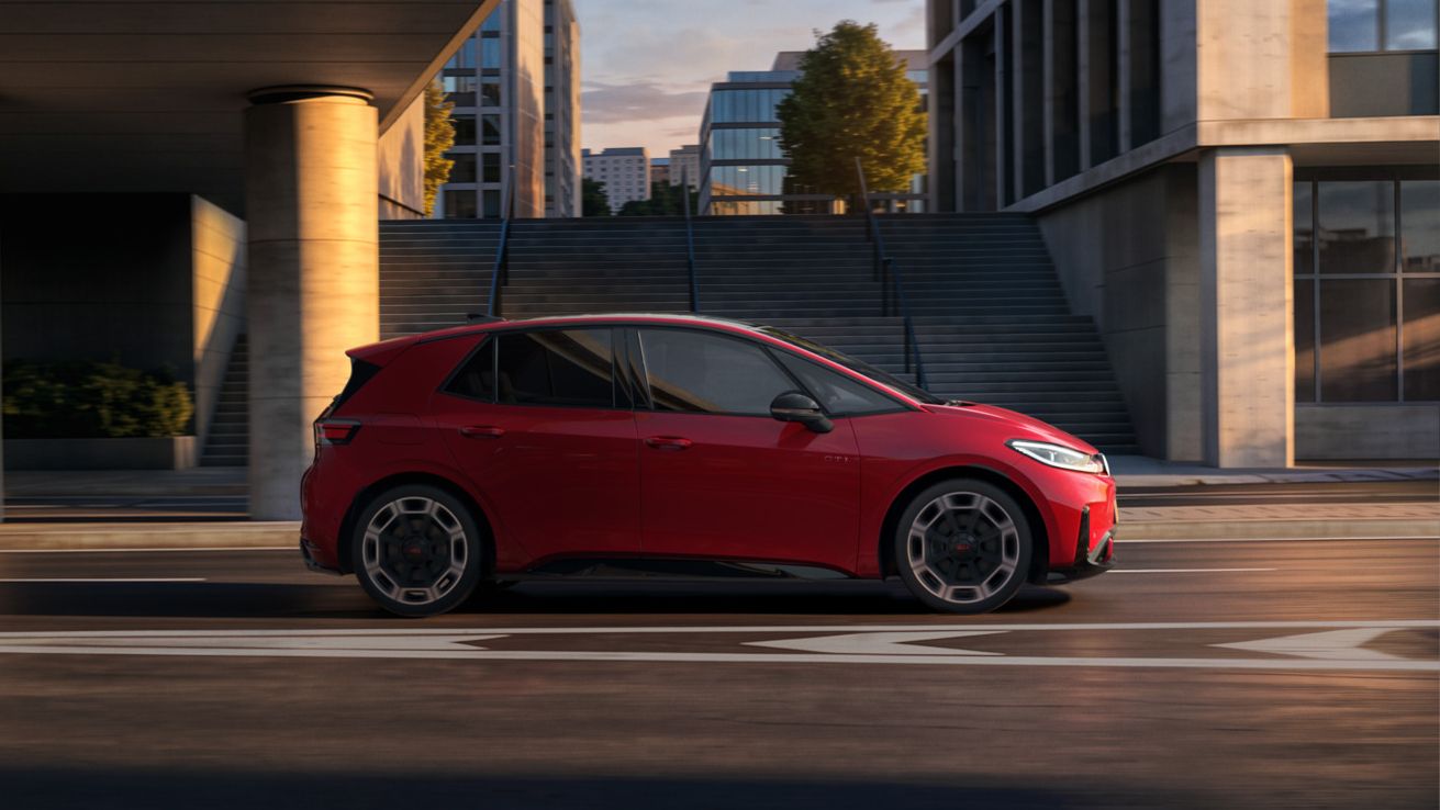 [AI-modified] – Vista detalhada da jante de um VW ID.3 GTI vermelho.