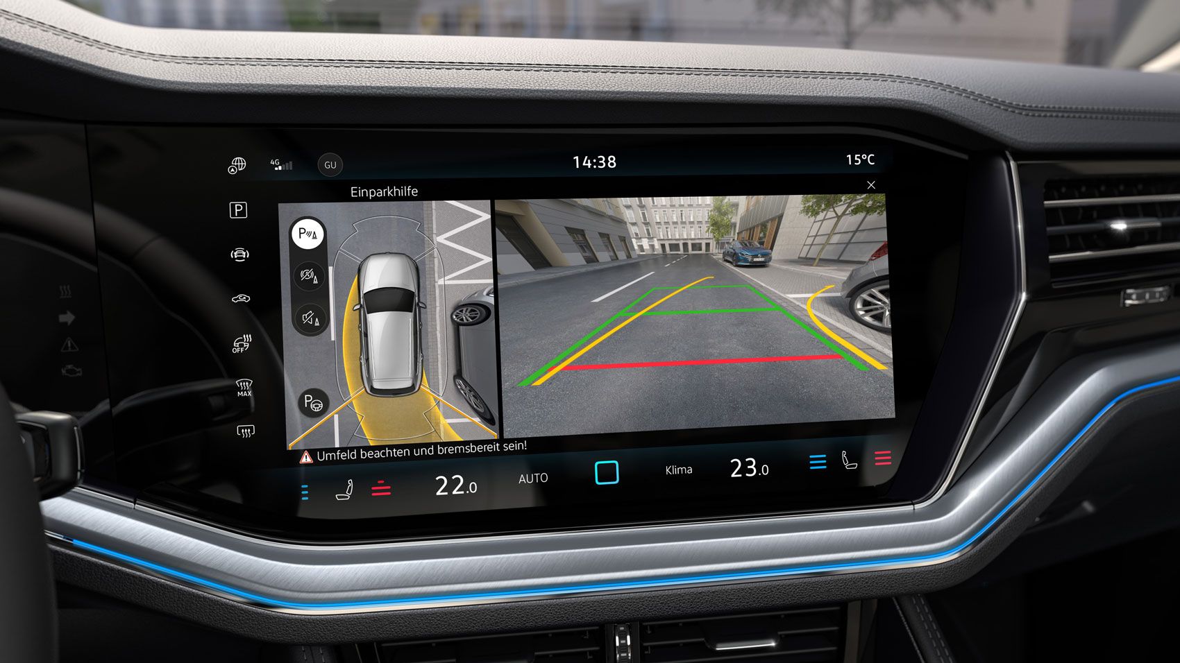 Indicação da vista periférica Area View opcional no visor digital do VW Touareg. 