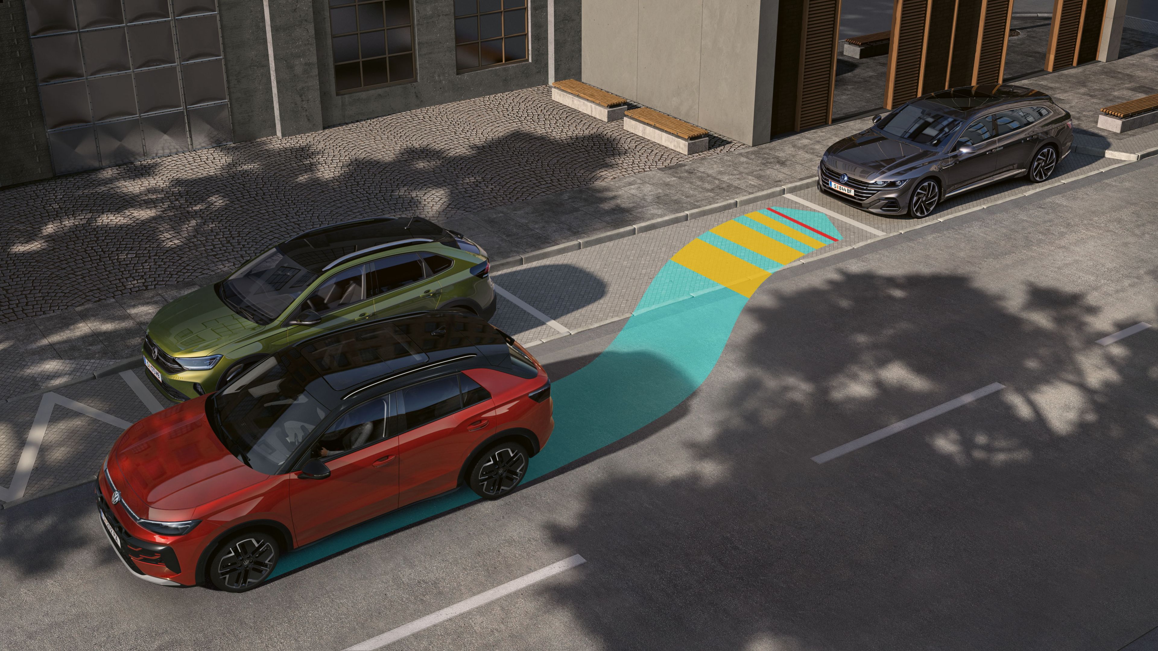 O gráfico mostra um VW T-Roc a estacionar em marcha-atrás num lugar de estacionamento lateral com o Park Assist Plus.