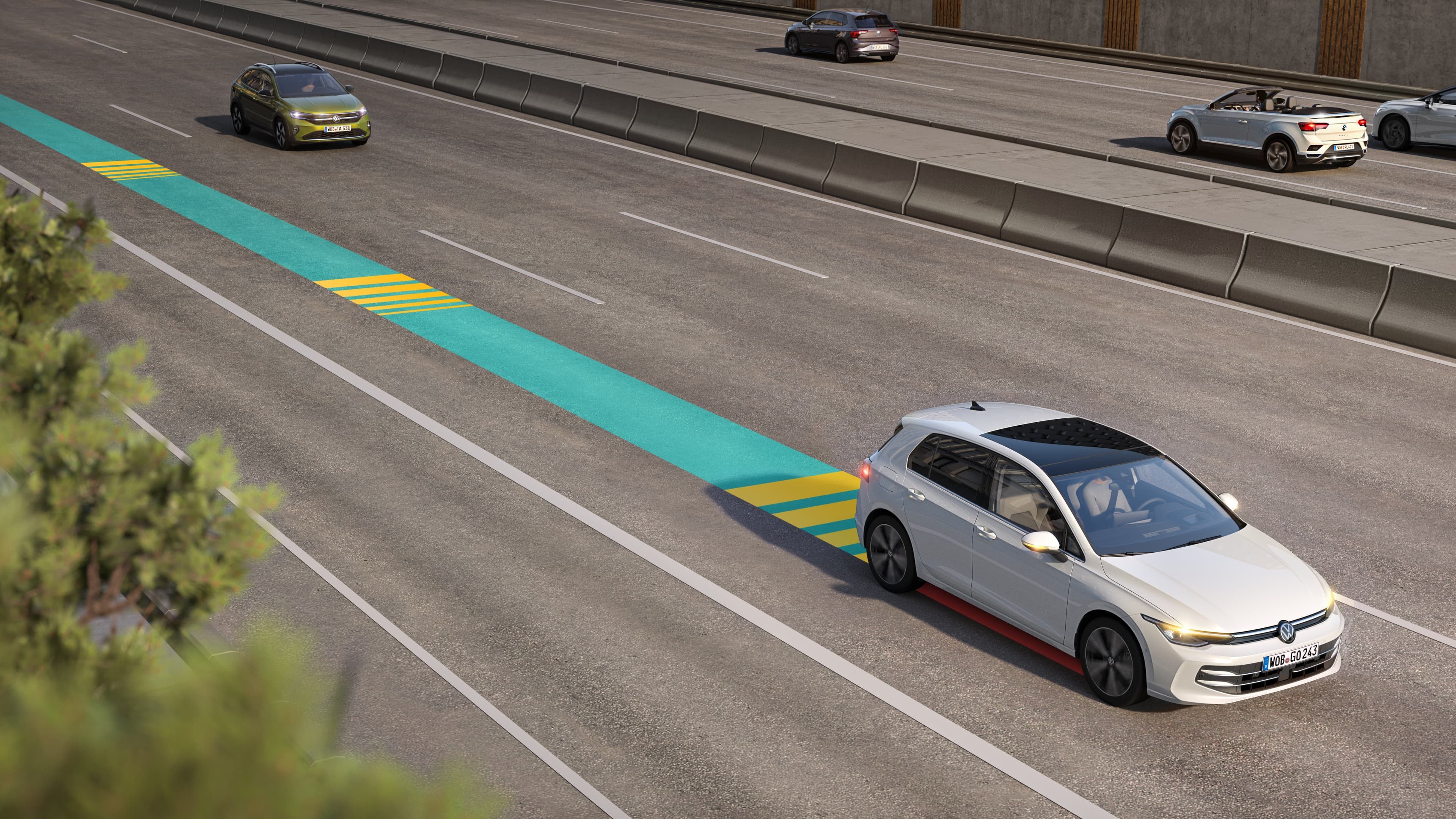 Um VW Golf branco circula no trânsito, utilizando o Emergency Assist, representado esquematicamente na imagem.