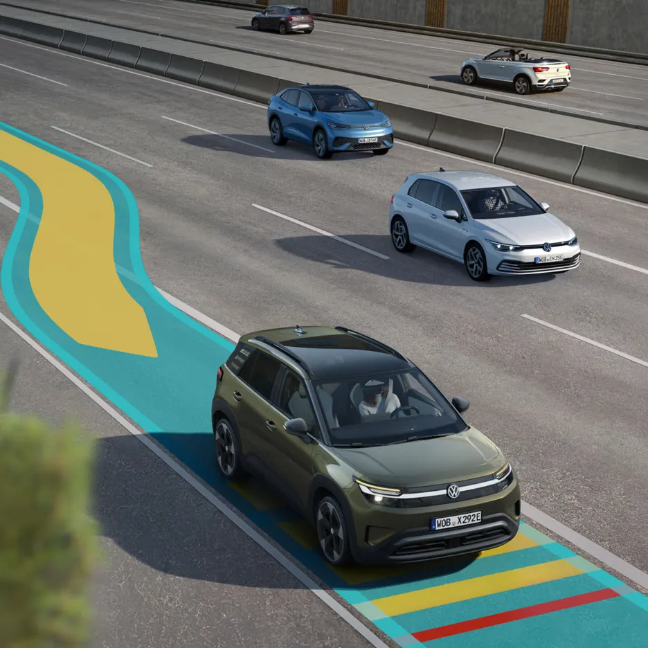 Imagem de uma estrada com múltiplas faixas com vários carros, destacando-se um ID. Cross