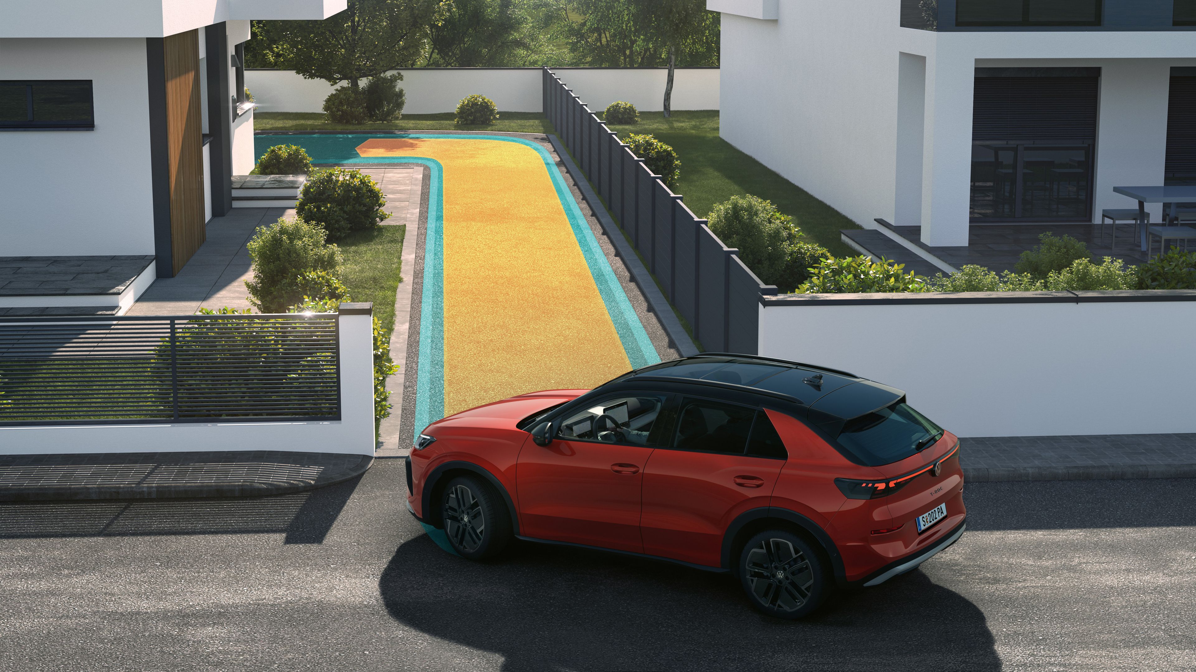 A ilustração mostra, de forma esquemática, através de um VW T-Roc, o funcionamento da função de memória do assistente de estacionamento.