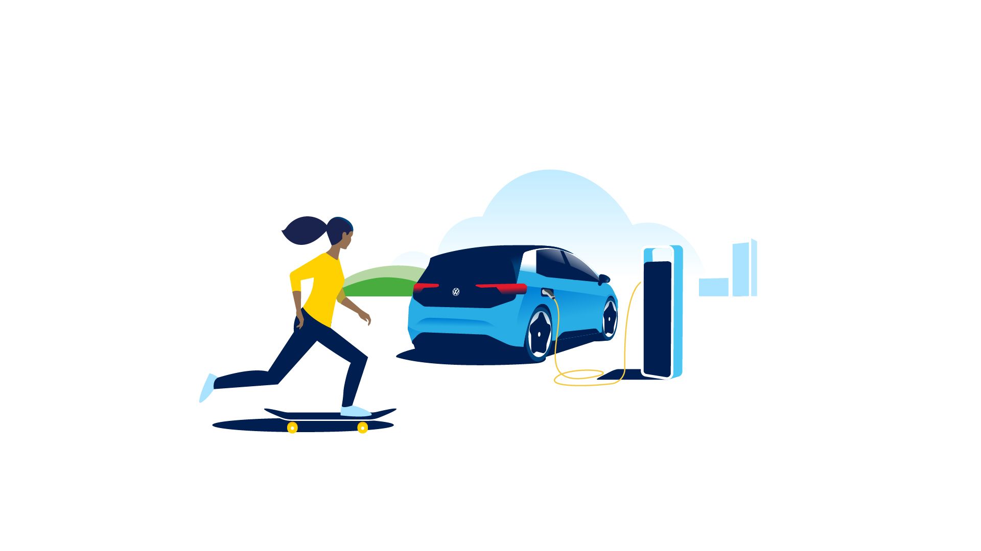 Uma mulher passa de skate pelo carro elétrico Volkswagen ID.3 