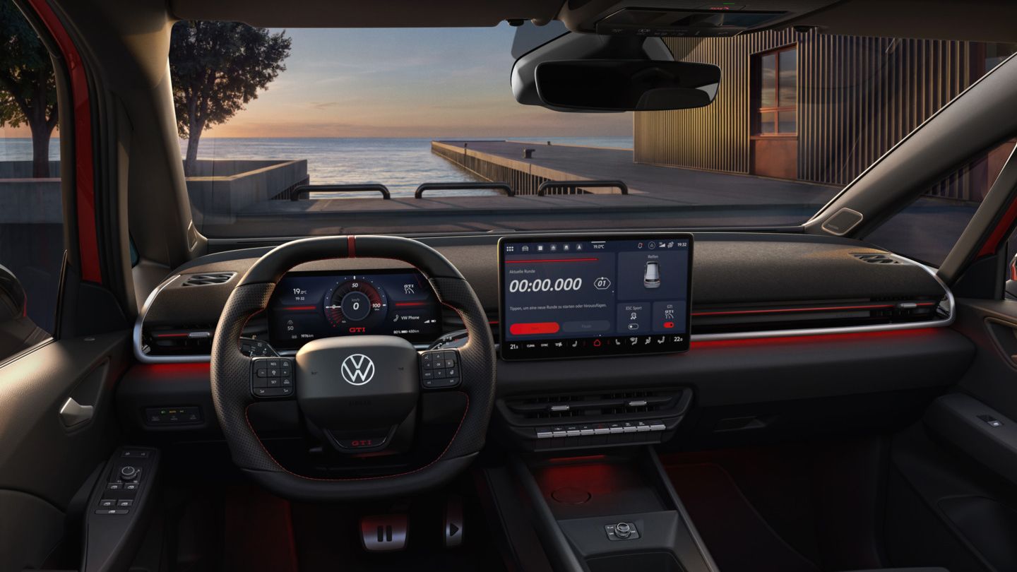 [AI-modified] – Vista do cockpit de um VW ID.3 GTI pouco antes do pôr do sol.