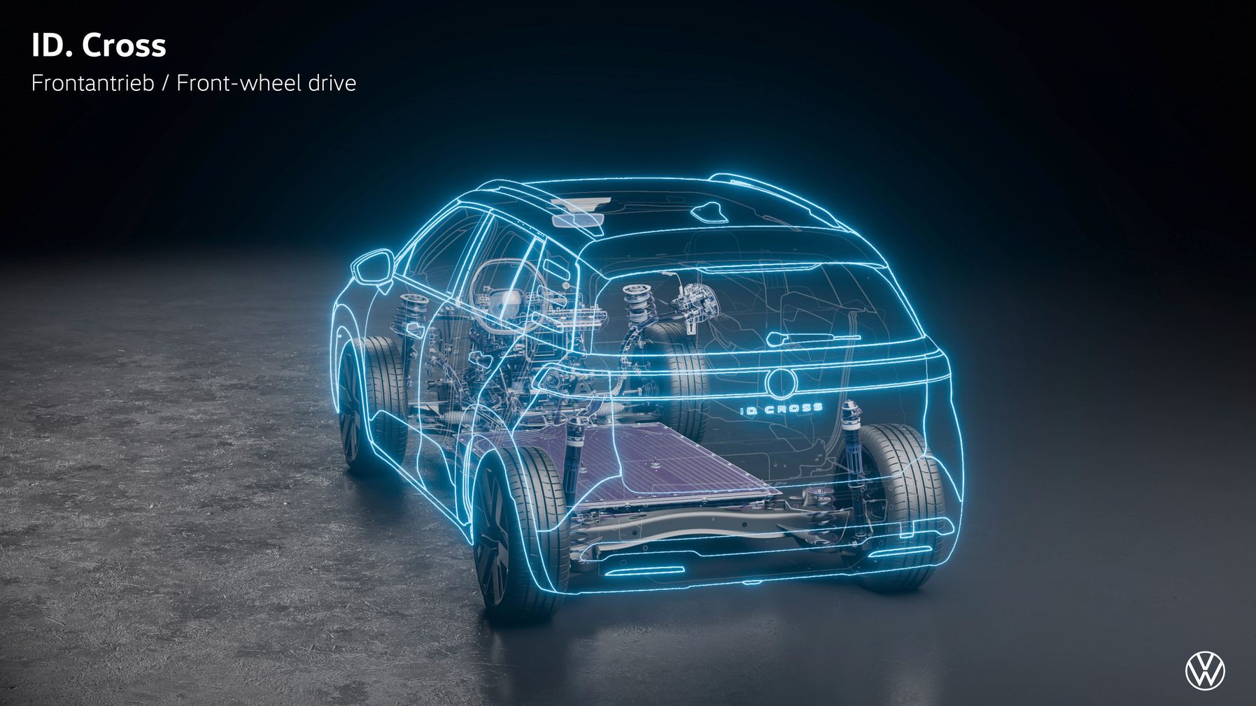 Ein transparentes Modell eines Volkswagen ID. Cross zeigt das Innenleben des Fahrzeugs mit Frontantrieb. Verschiedene technische Komponenten wie der Motor, das Getriebe und die Batterie sind schematisch dargestellt. Der Hintergrund ist dunkel, wodurch die blauen Linien des Modells deutlich hervorstechen.