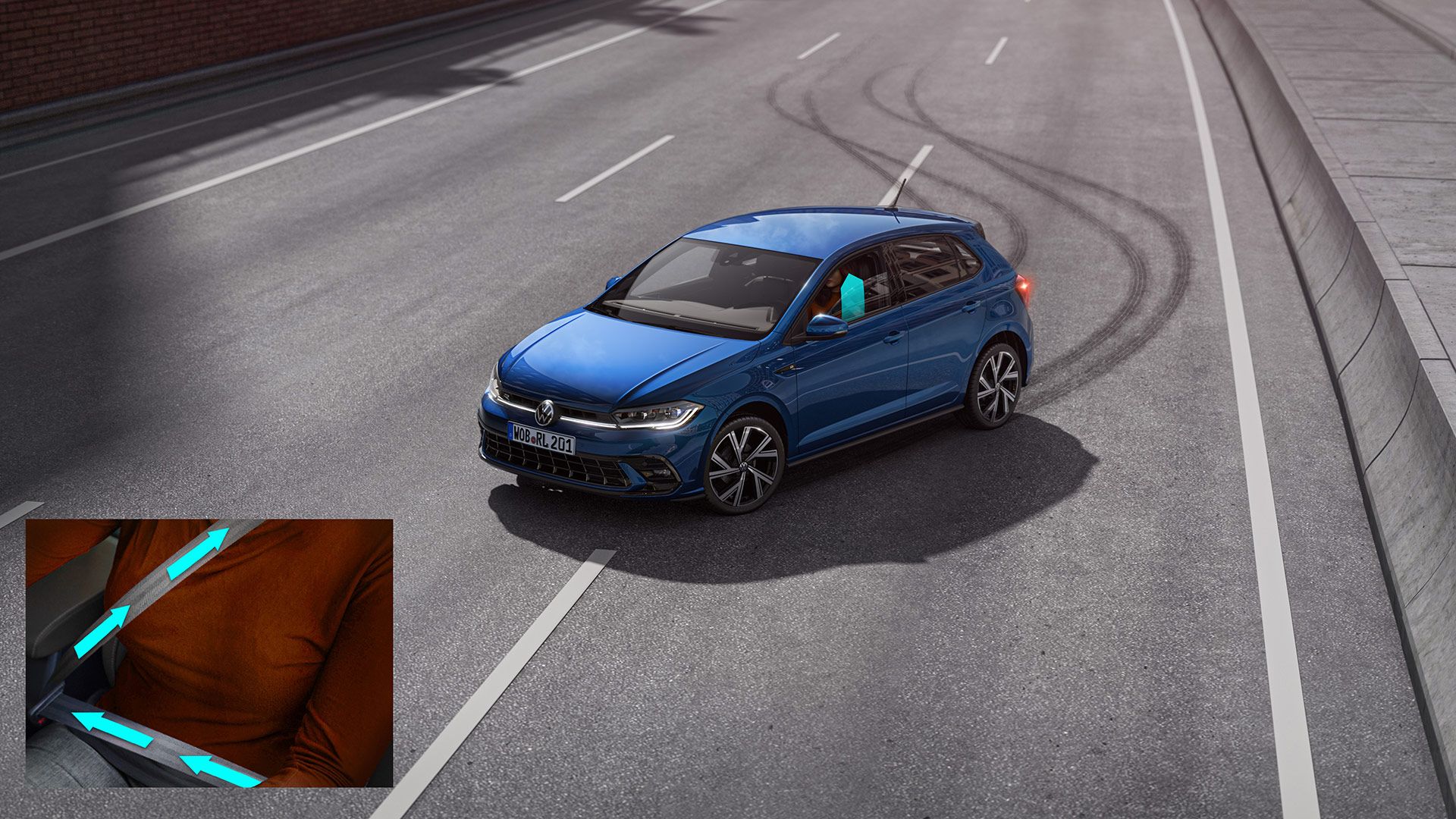 Gráfico que explica o que acontece quando o sistema de proteção dos passageiros entra em ação dentro do VW Polo. 