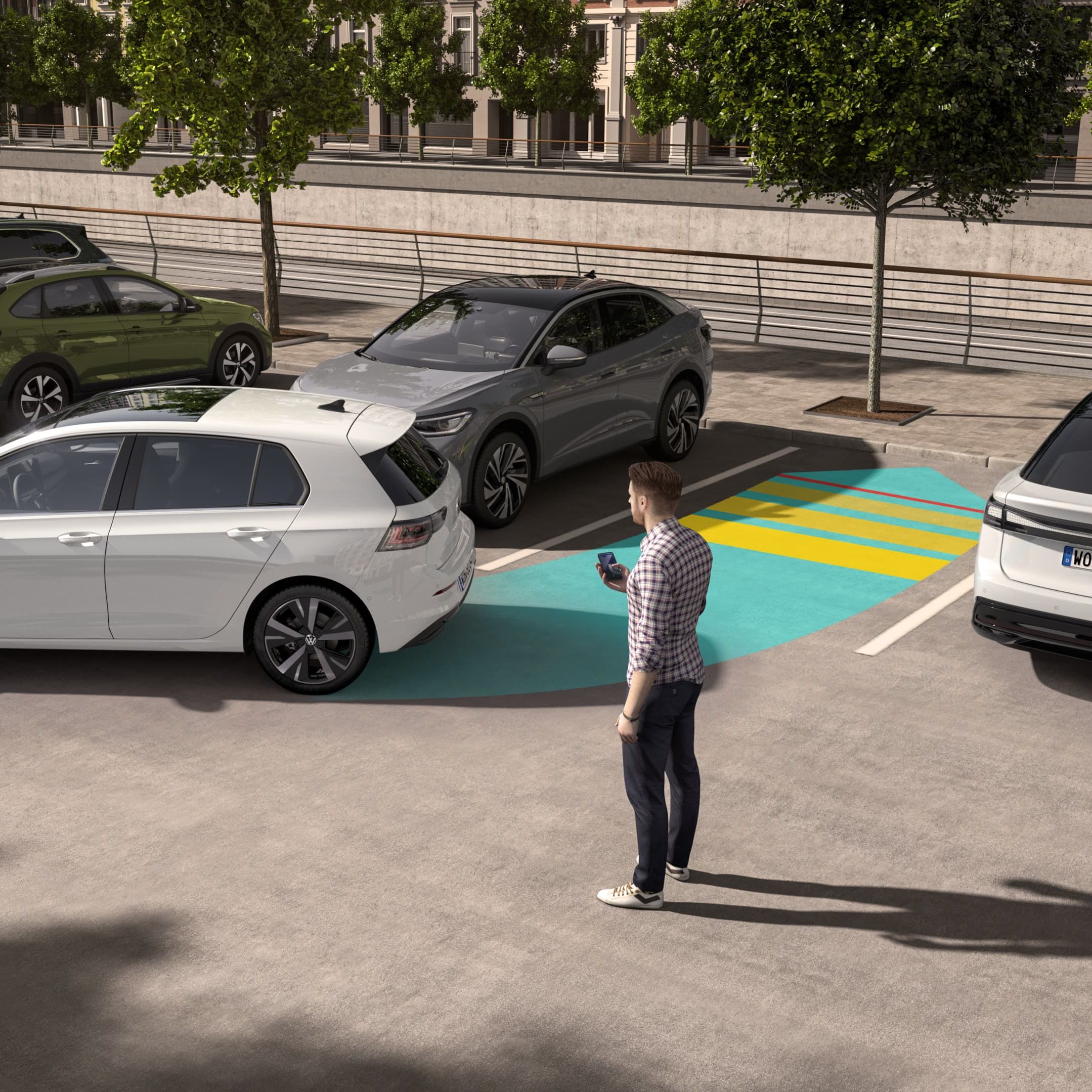 Um VW Golf branco utiliza o Park Assist Pro para estacionar.