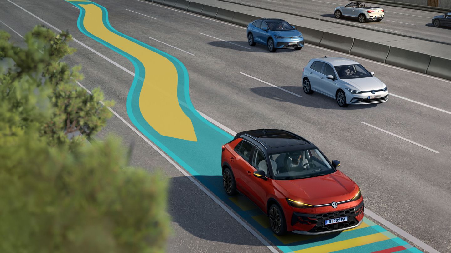A ilustração mostra, de forma esquemática, através de um VW T-Roc, o funcionamento do Side Assist.