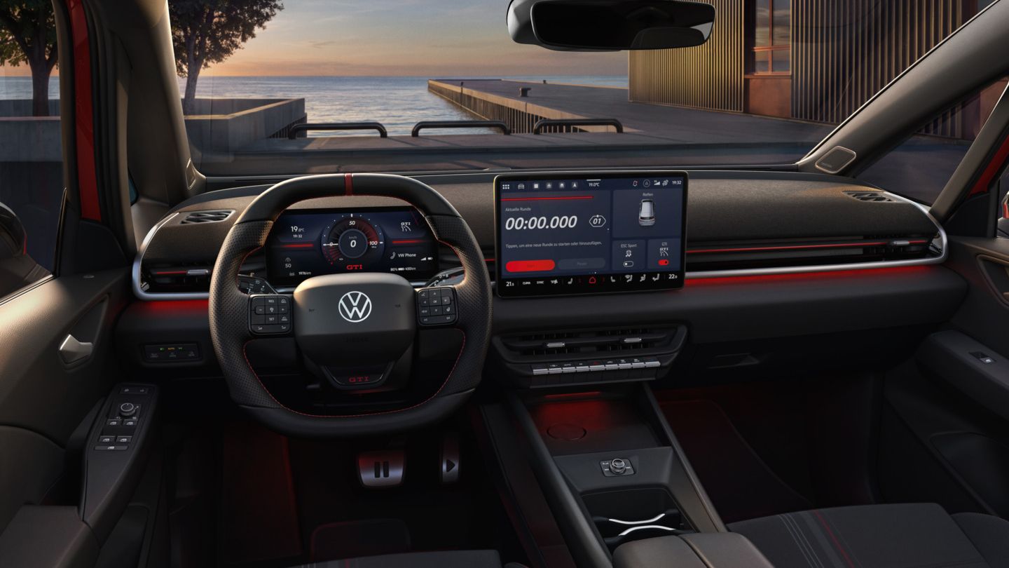 [AI-modified] – Vista do cockpit de um VW ID.3 GTI pouco antes do pôr do sol.