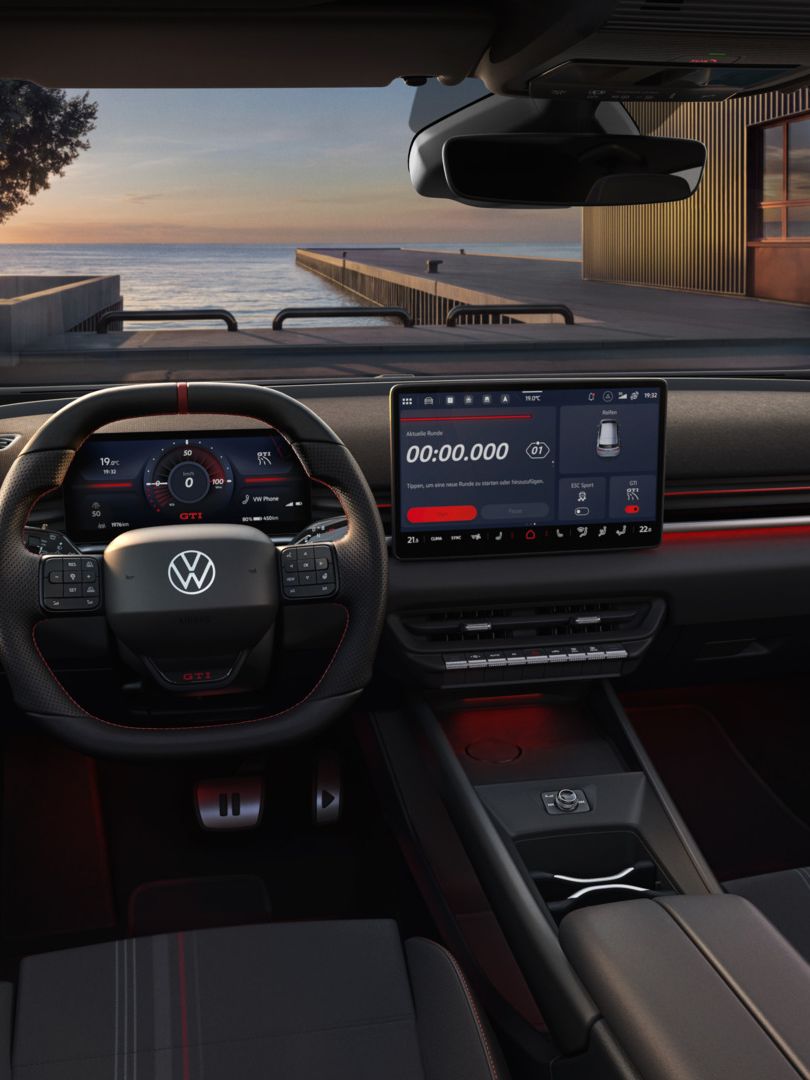 [AI-modified] – Vista do cockpit de um VW ID.3 GTI pouco antes do pôr do sol.
