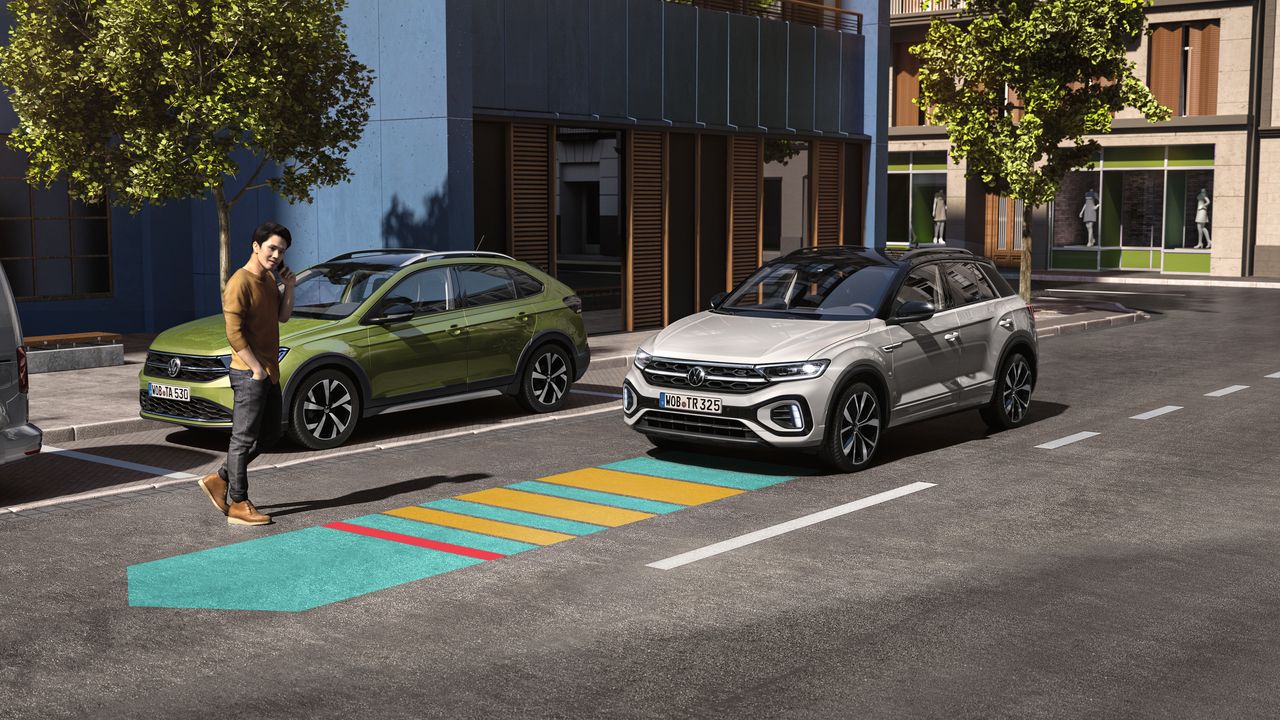 O gráfico mostra como funciona o Front Assist no T-Roc.
