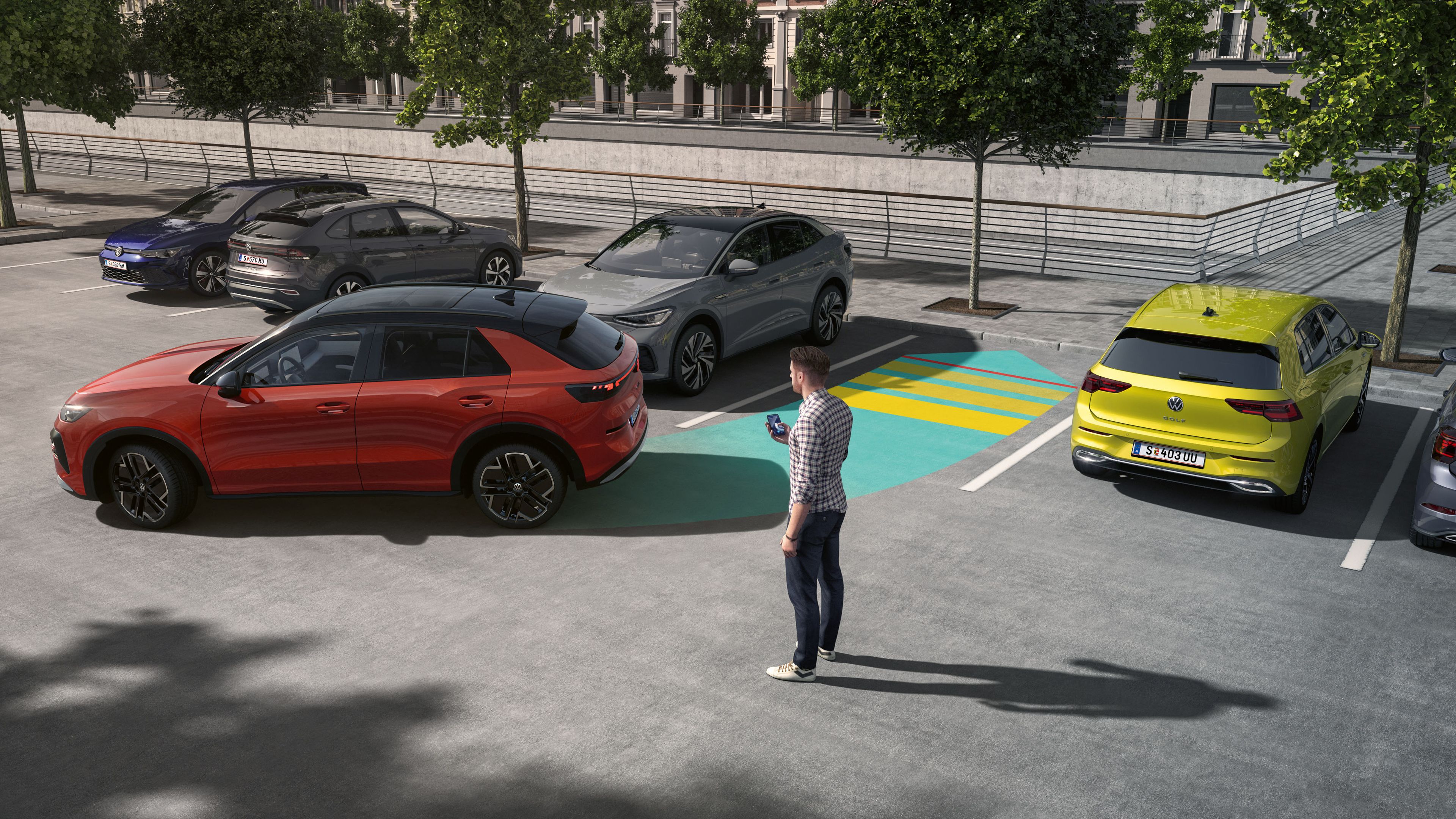"O gráfico mostra um VW T-Roc a estacionar em marcha-atrás num lugar de estacionamento lateral com o Park Assist Plus."