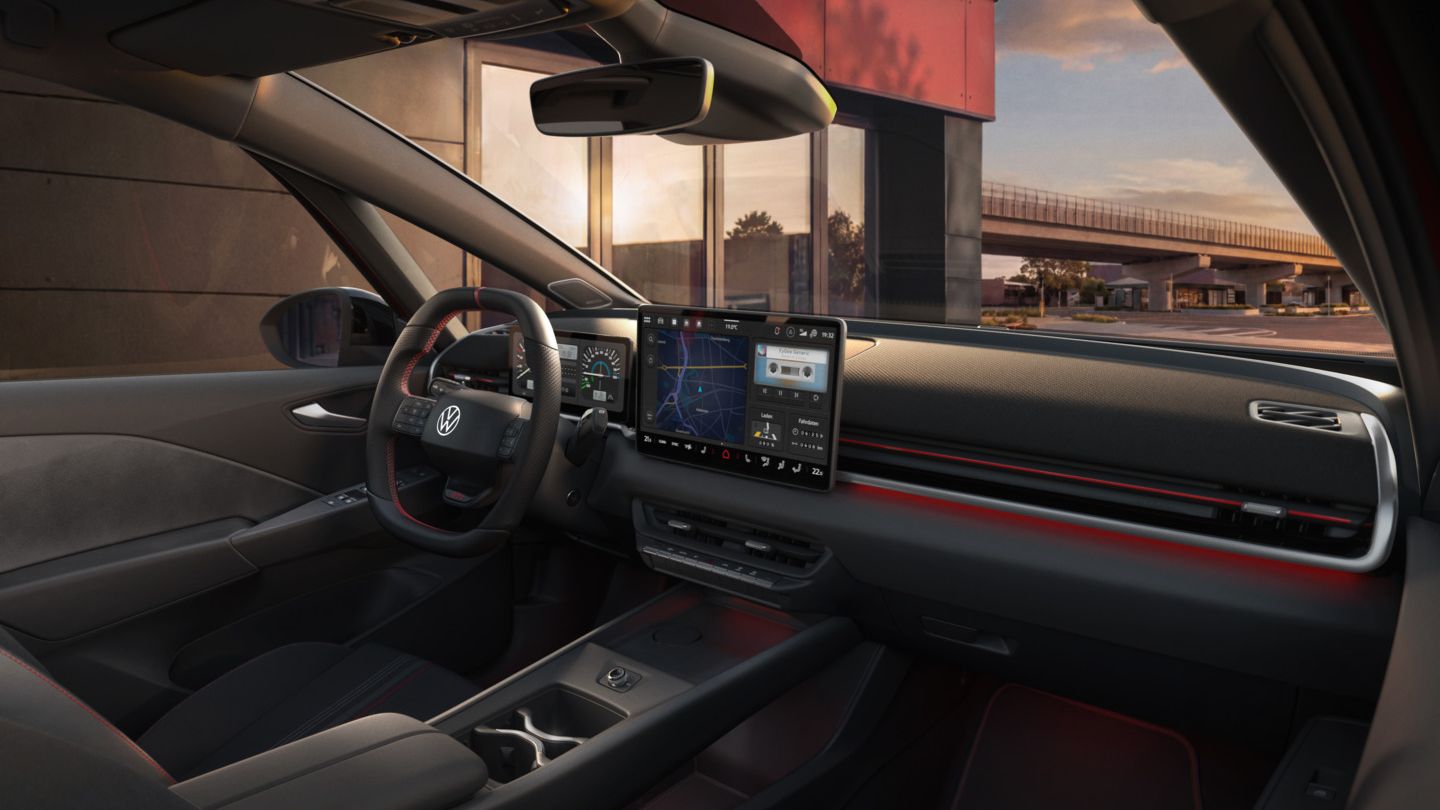 [AI-modified] – Vista do sistema Infotainment e do acabamento interior de um VW ID.3 GTI pouco antes do pôr do sol.