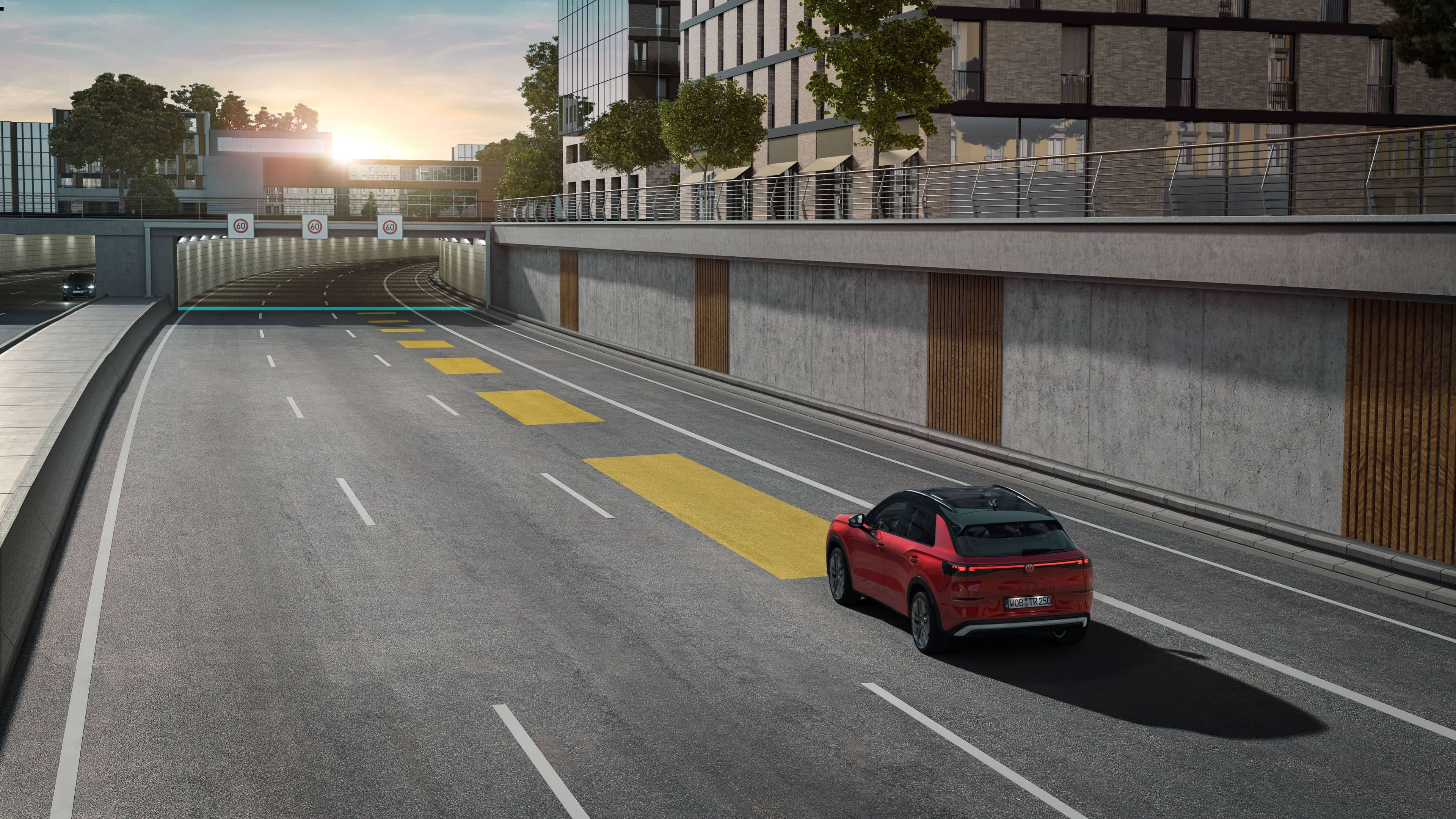 A ilustração mostra, de forma esquemática, através de um VW T-Roc, o funcionamento do controlo automático da distância ACC.