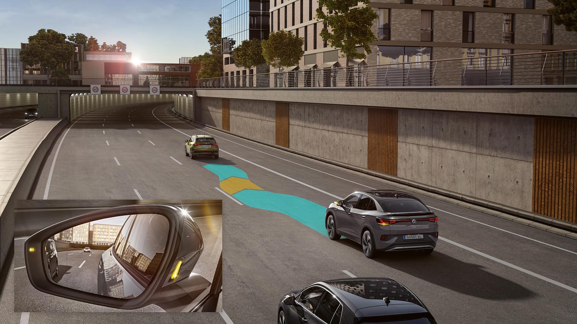 Illustration zeigt schematisch anhand eines VW ID.5 die Funktionsweise des Side Assist.