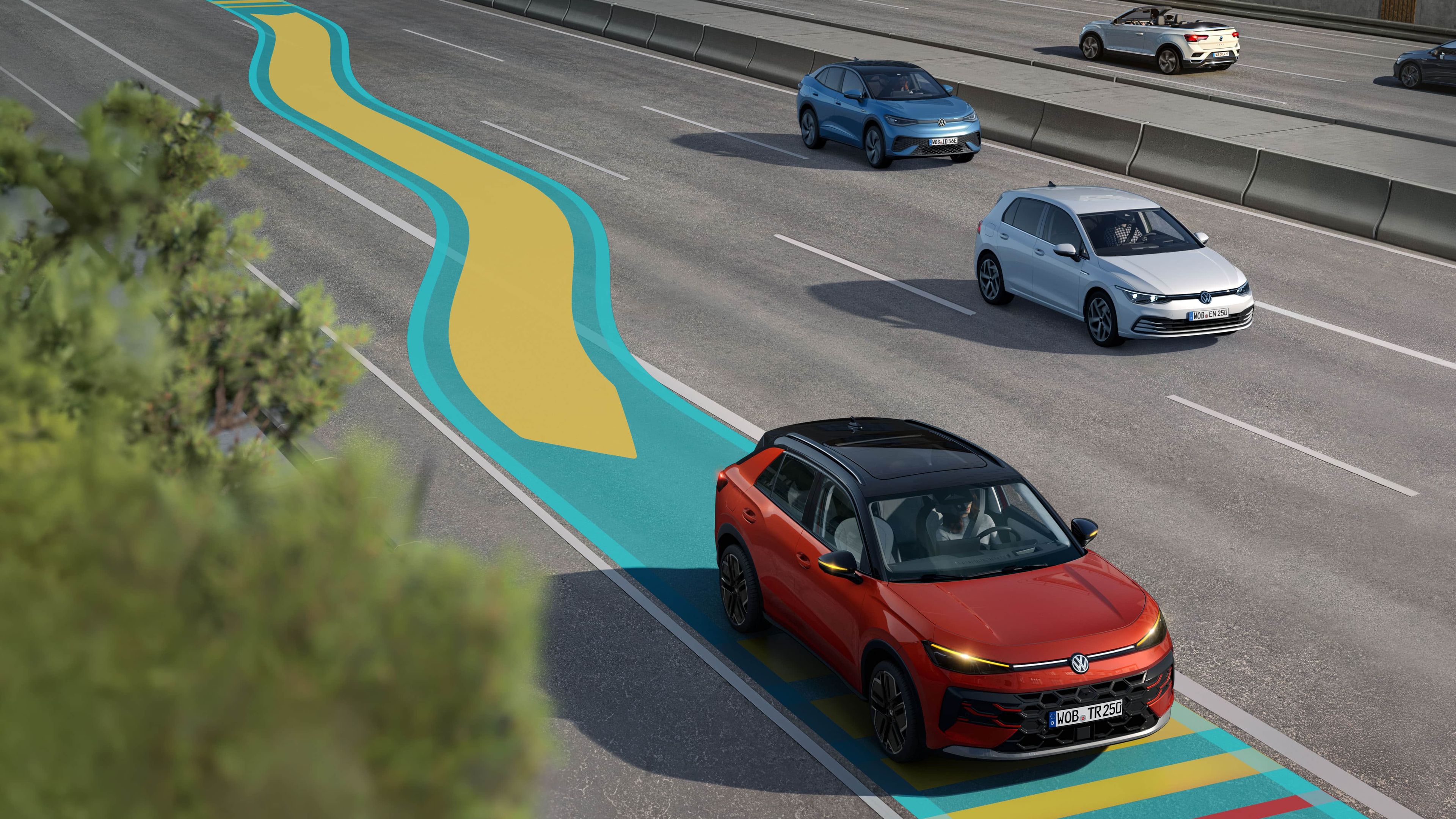 A ilustração mostra, de forma esquemática, através de um VW T-Roc, o funcionamento do Travel Assist.
