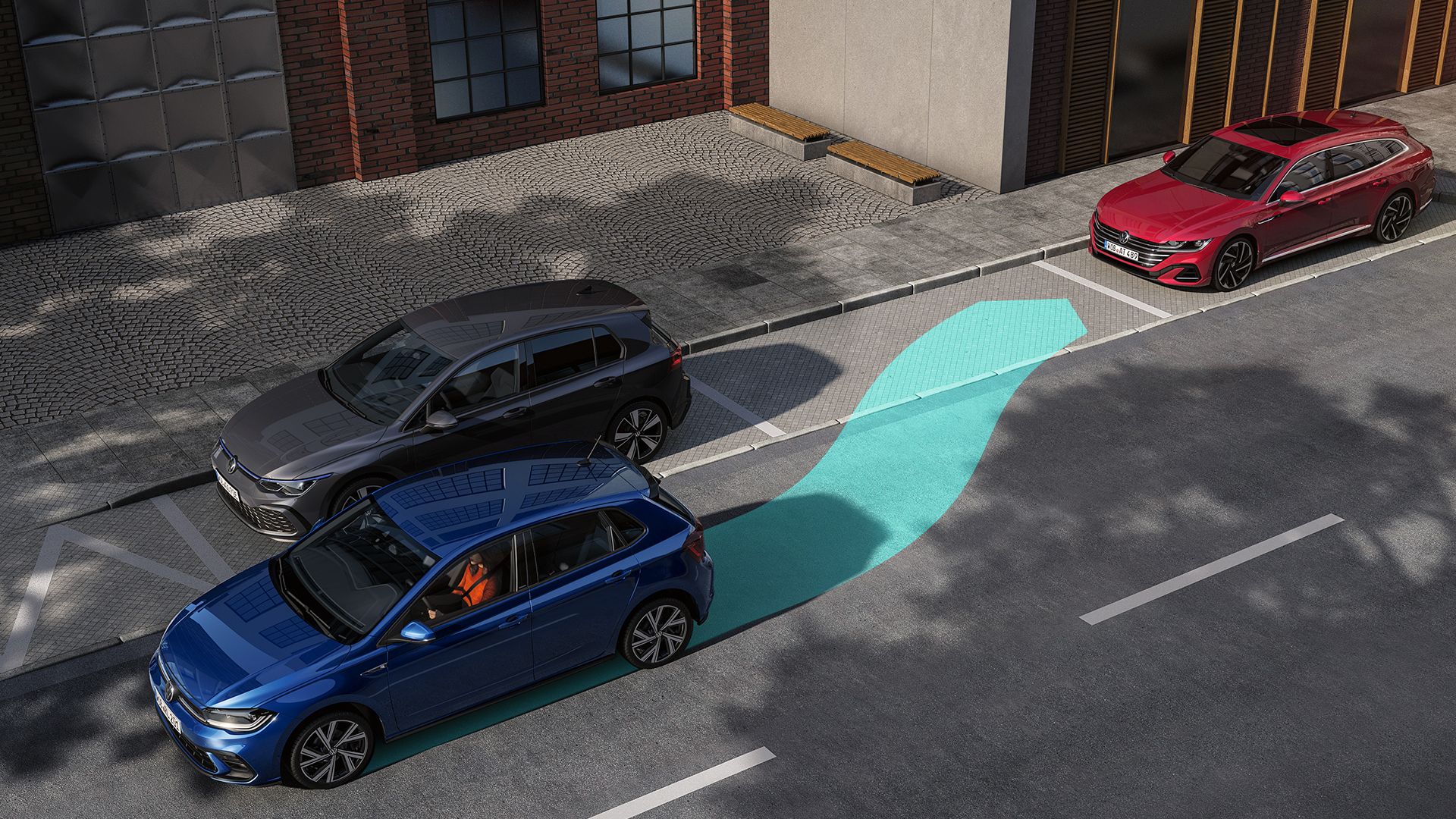 Gráfico que mostra como funciona o sistema de assistência ao estacionamento "Park Assist" no VW Polo. 