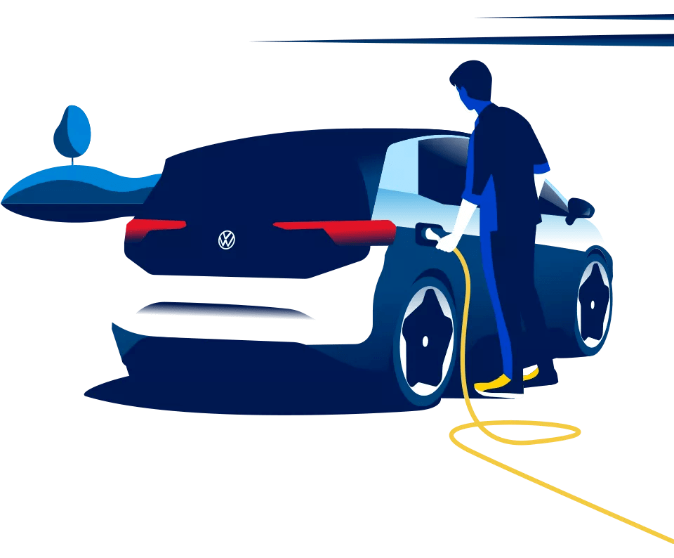 Figura ilustrativa de um homem a carregar o seu VW elétrico