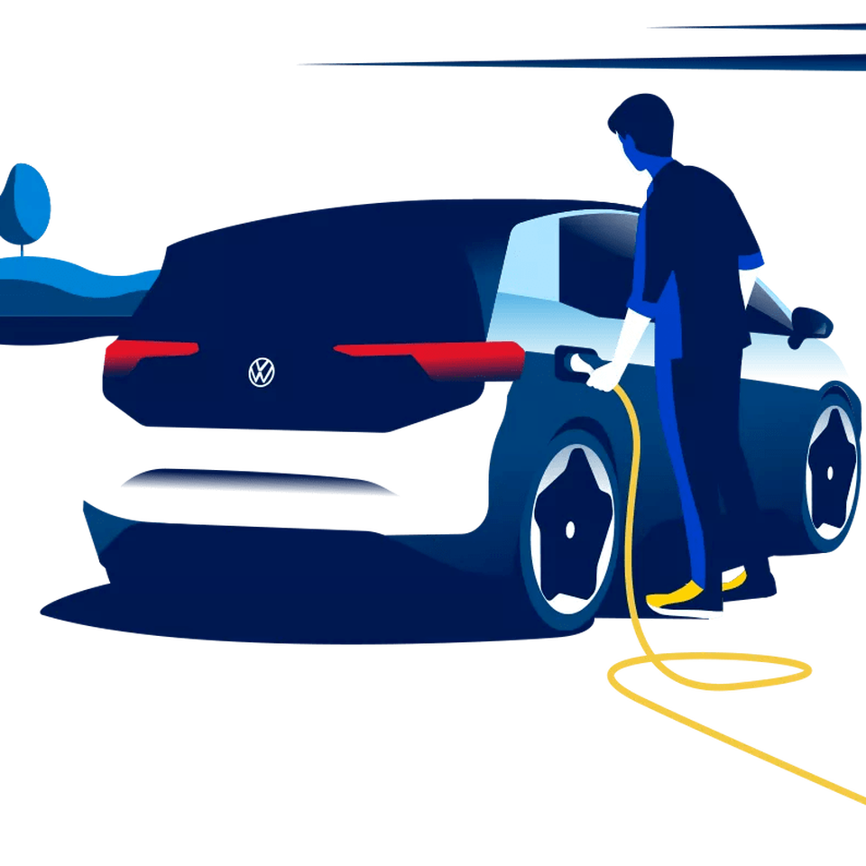 Figura ilustrativa de um homem a carregar o seu VW elétrico