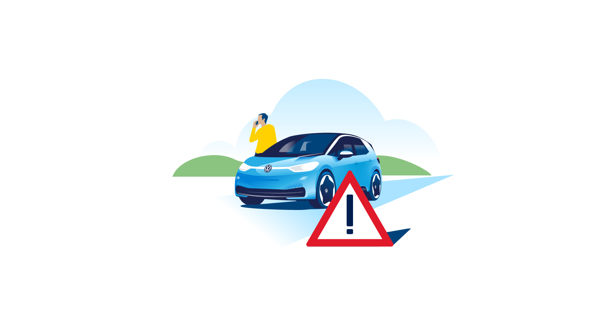 Um triângulo de aviso está em frente ao carro elétrico Volkswagen ID.3 