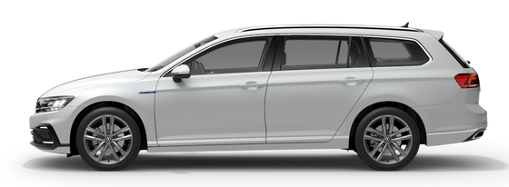 Der VW Passat GTE Variant wird von der rechten Seite gezeigt