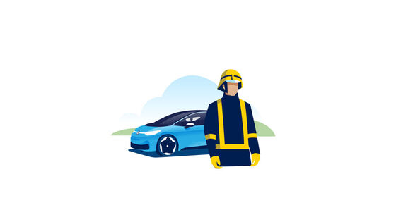 Um bombeiro está em frente a um carro elétrico Volkswagen ID.3.