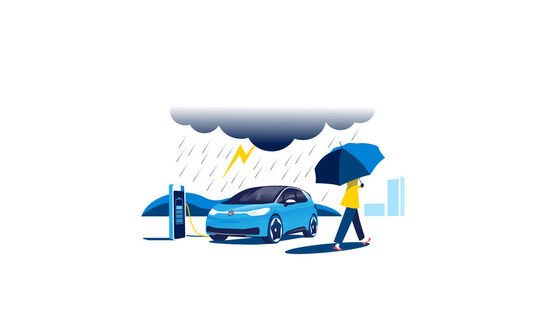 Um carro elétrico Volkswagen ID.3 a carregar à chuva.