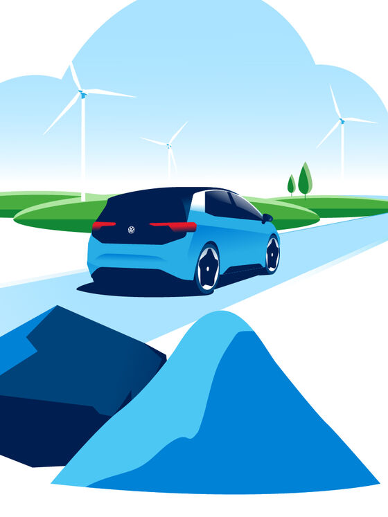 Grafik zeigt VW ID.3 auf Straße, daneben Windräder auf grünen Feldern.